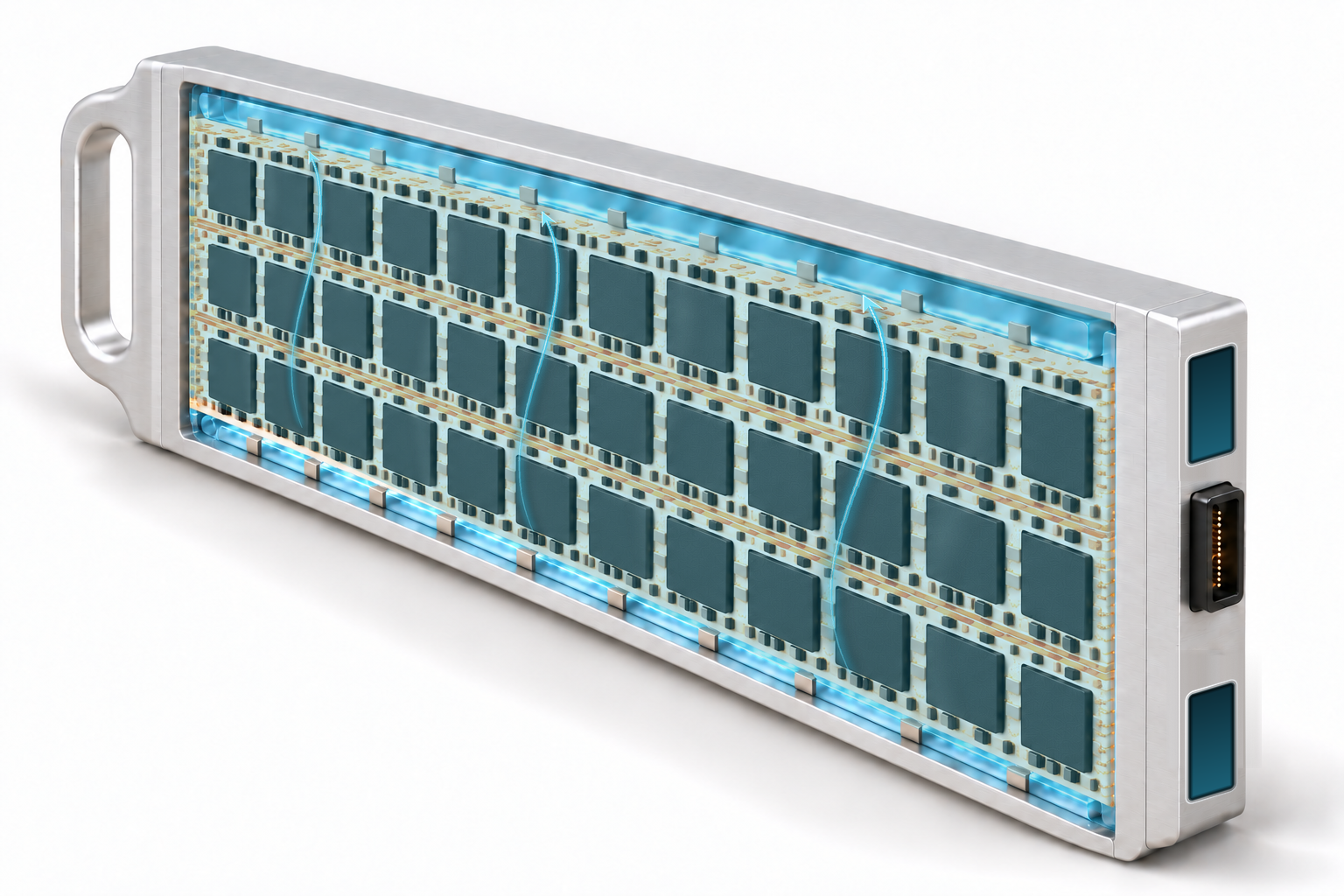 Full-length cutaway of an upright ASIC blade with transparent liquid covering and wetting the board components, a curved integrated handle and all fluid and electrical connections on its narrow rear end face
