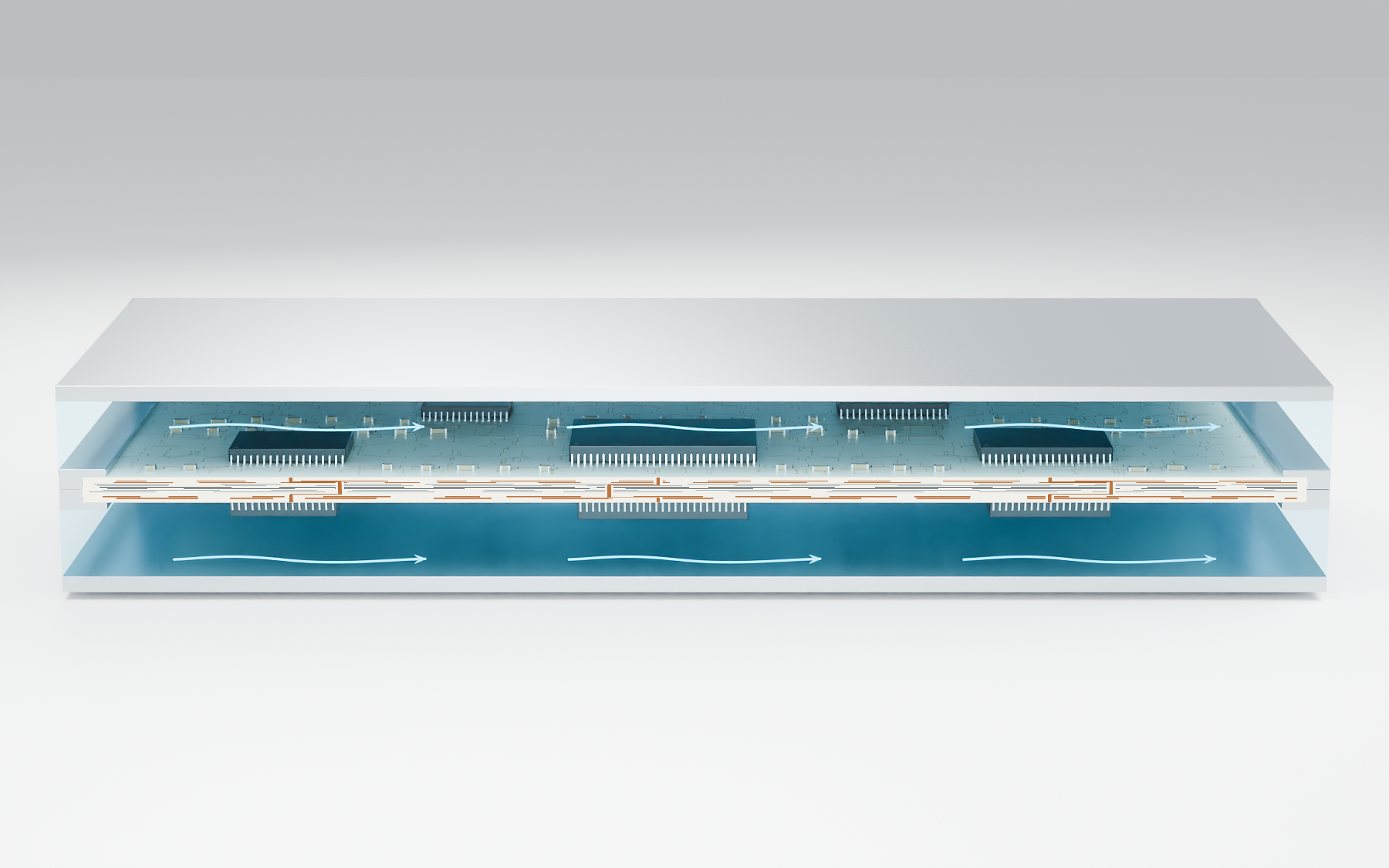 Illustrative section of a double-sided circuit-bearing board separating dielectric-fluid regions