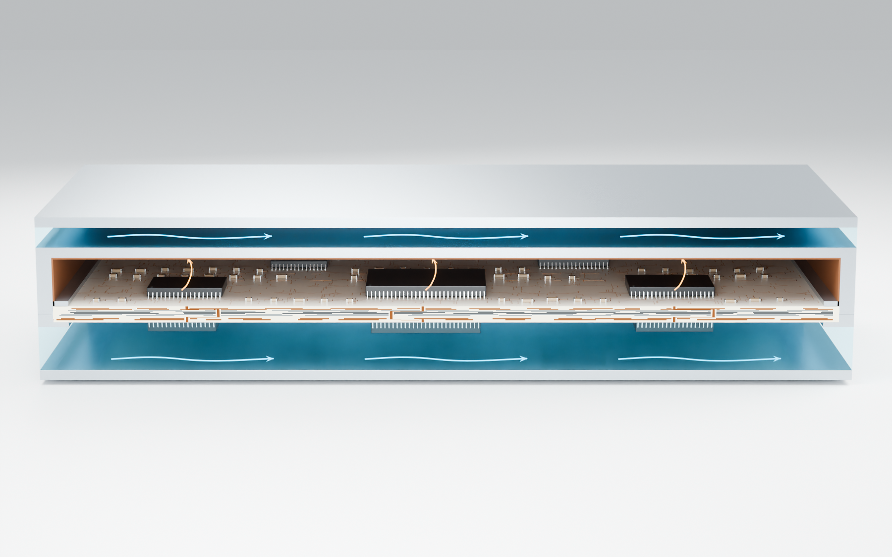 Front-side hybrid cutaway with the PCB captured between case shoulders, an open upper-left liquid port and continuous upper-case condenser boundary, a sealed vapor chamber with a fine wick lining on its inner ceiling and side walls around the upper components, and lower dielectric cooling; end ports retain their rear walls and arrows show qualitative heat and flow paths