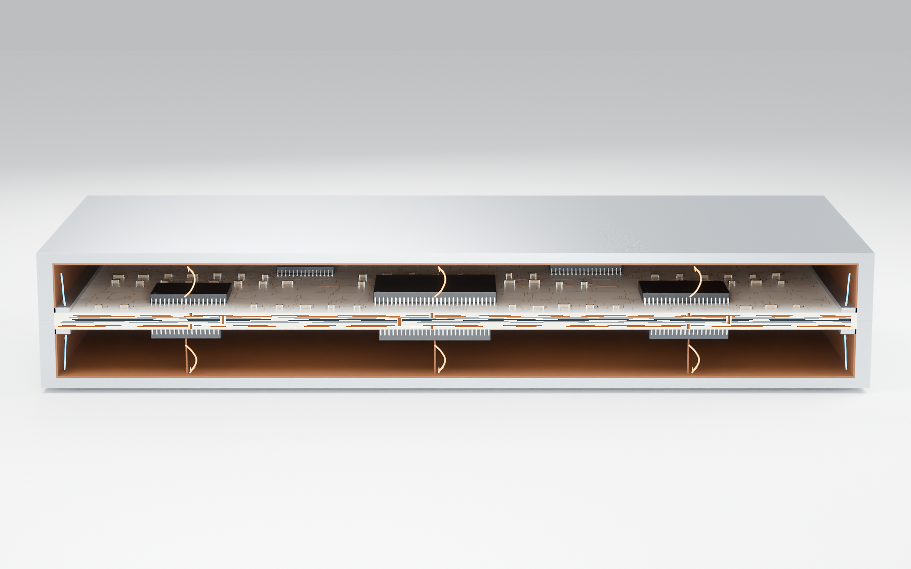 Front cutaway of two separately sealed wick-lined vapor chambers around a double-sided PCB. Upper and lower chips are board-mounted; amber arrows carry heat toward the outer condenser walls and blue arrows indicate condensate return. Both end walls are closed.