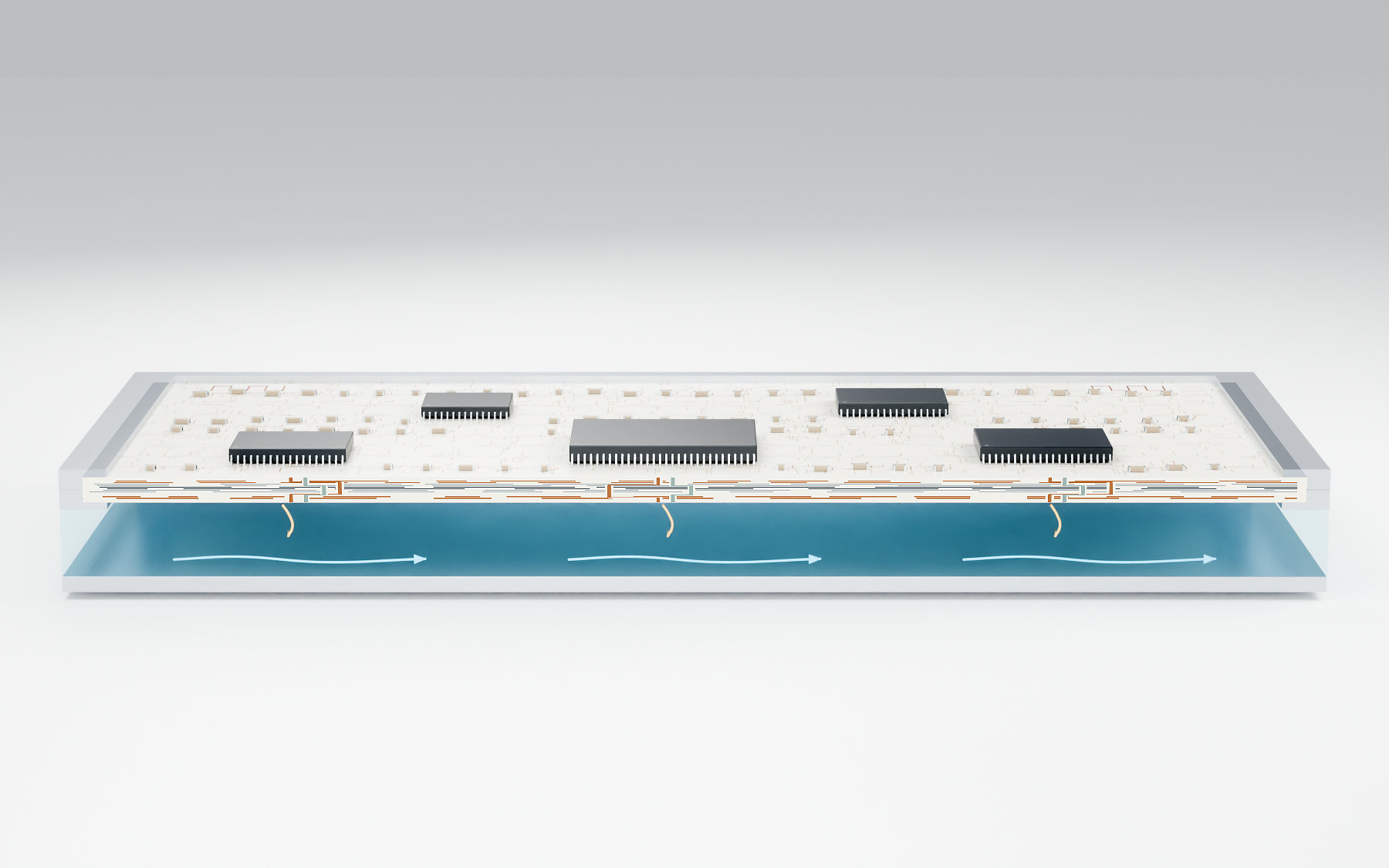 Bottom-only liquid cooling with exposed top-side PCB components and representative antenna footprints. The board forms the roof of the lower coolant chamber; thermal paths deliver heat to its wetted underside.